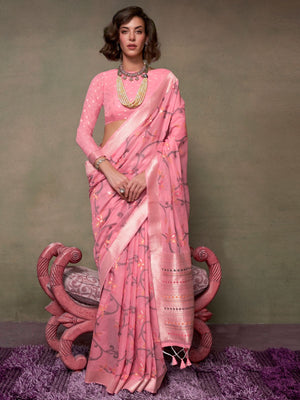 Rajwada Pink Silk Blend Woven Saree With Unstitched Blouse For Women