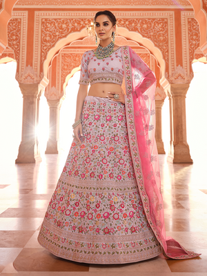 Rajwada Women Grey Embroidered Crepe Semi Stitched Lehenga With Unstitched Blouse