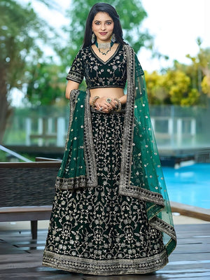 Rajwada Green Velvet Embroidered Semi-Stitched Lehenga For Women