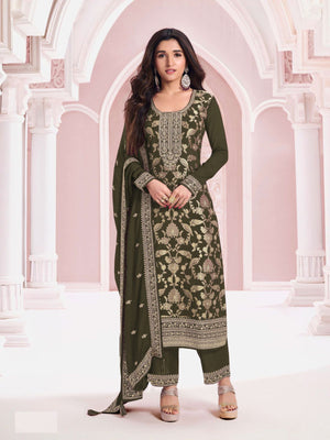 Rajwada Olive Cotton Blend Embroidered Semi-Stitched Kurta Set For Women