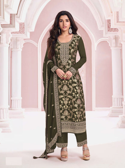 Rajwada Olive Cotton Blend Embroidered Semi-Stitched Kurta Set For Women