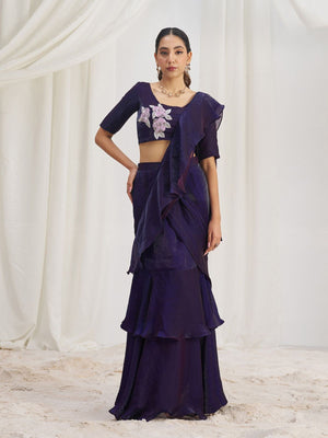 Rajwada Purple Organza Solid Ready To Wear Saree With Stitched Blouse For Women
