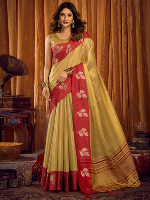 Rajwada Golden And Red Silk Blend Solid Saree For Women
