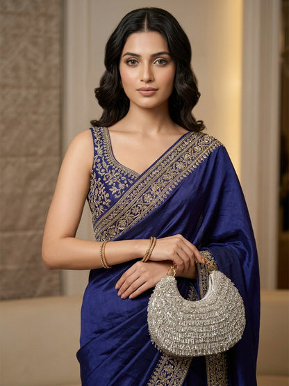 Rajwada Silver Suede Cutdana Embellished Clutch For Women