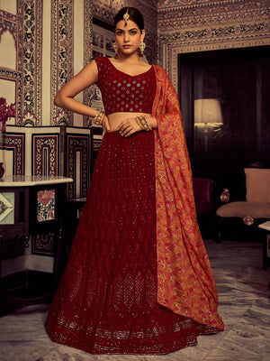 Rajwada Women Stylish Maroon Embroidered Georgette Semi Stitched Lehenga With Blouse Piece