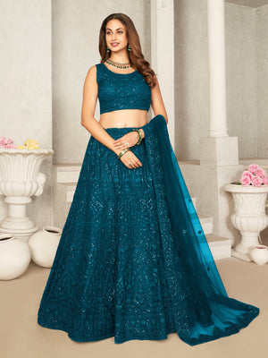 Rajwada Teal Net Embellished Semi Stitched Lehenga With Unstitched Blouse for Women