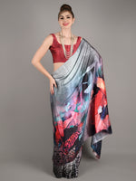 Multicolor Silk Blend Digital Floral Print Saree With Unstitched Blouse