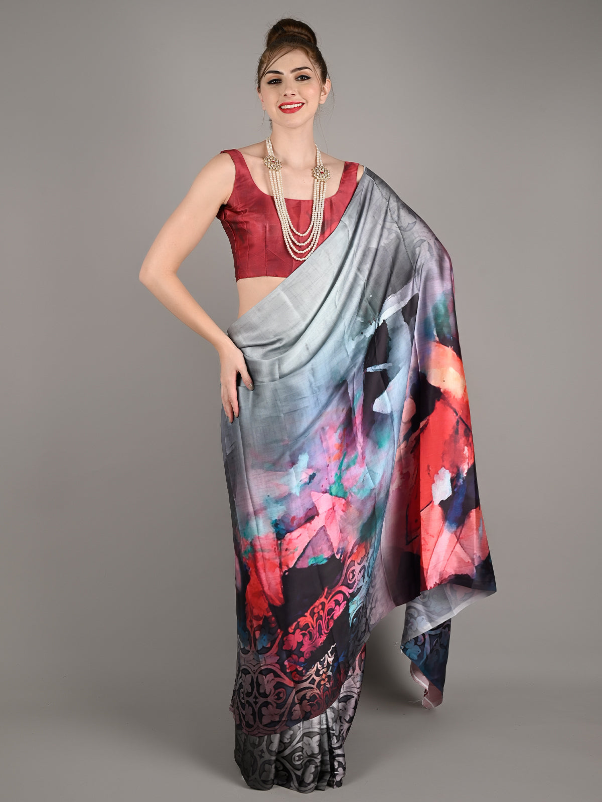 Multicolor Silk Blend Digital Floral Print Saree With Unstitched Blouse