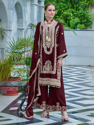 Rajwada Maroon Chinon Embroidered Semi-Stitched Kurta Set For Women