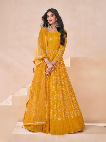Rajwada Yellow Georgette Embellished Semi Stitched Kurta Set For Women