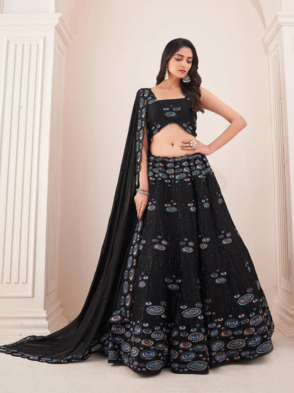 Rajwada Black Georgette Embroidered Semi Stitched Lehenga With Unstitched Blouse for Women
