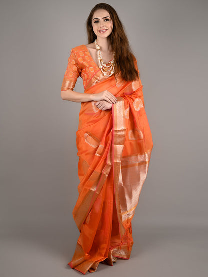 Rajwada Women Orange Organza Woven Saree With Unstitched Blouse