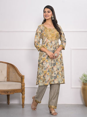 Rajwada Mustard and grey Chanderi Embroidered And Printed Stitched Kurta Set Without Dupatta For Women