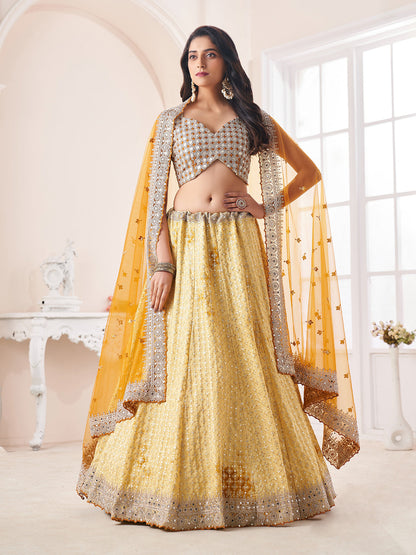 Rajwada Yellow Shibori Crepe Embroidered Semi Stitched Lehenga With Unstitched Blouse for Women