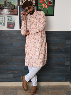 Rajwada Cream Embroidered Cotton Kurta Set For Men