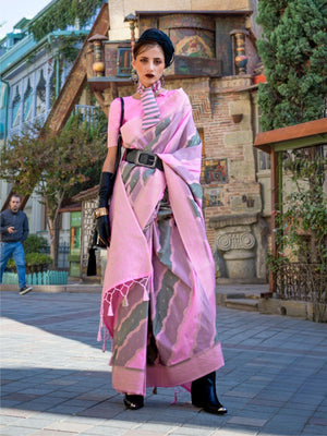 Rajwada Pink Silk Blend Woven Saree With Unstitched Blouse For Women