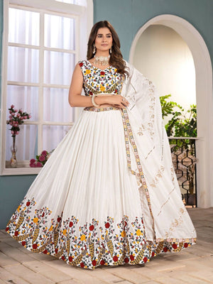 Rajwada White Chinon Sequence Embroidered Semi-Stitched Lehenga For Women