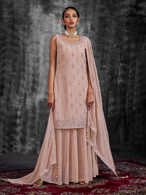 Rajwada Women Beautiful Embroidered Peach Georgette Stitched Kurta Set