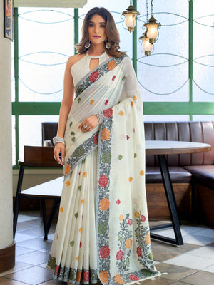 Rajwada White Cotton Blend Solid Saree For Women