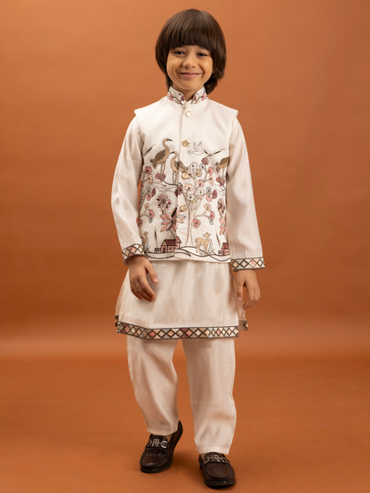 Rajwada Off White Viscose Silk Embroidered Stitched Kurta Set For Kids