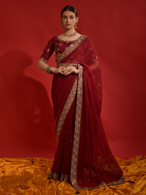 Rajwada Maroon Embroidered Georgette Saree With Unstitched Blouse For Women