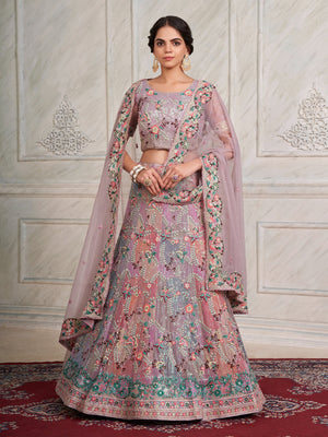 Rajwada Purple Net Embroidered Semi Stitched Lehenga With Unstitched Blouse for Women