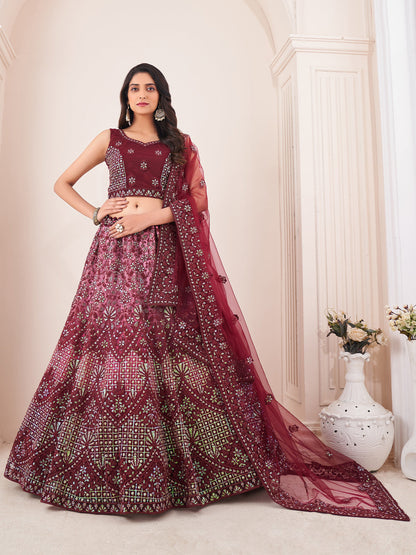 Rajwada Maroon Net Embroidered Semi Stitched Lehenga With Unstitched Blouse for Women