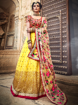 Rajwada Women Yellow Embroidered Soft Net Semi Stitched Lehenga With Unstitched Blouse