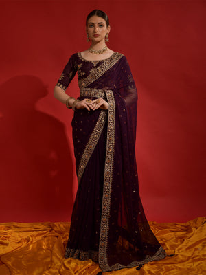 Rajwada Wine Embroidered Georgette Saree With Unstitched Blouse For Women