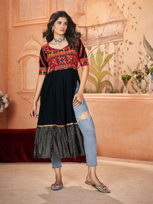Rajwada Black Embroidered Rayon Stitched Kurti For Women