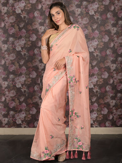 Rajwada Peach Pearls Embroidered Polyester Silk Saree with Unstitched Blouse for Women