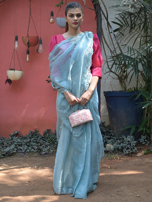 Rajwada Light Blue Mirror Work Embroidered Saree with Unstitched Blouse for Women