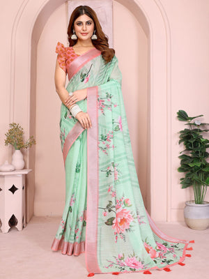 Rajwada Pista Cotton Linen Solid Printed Saree For Women