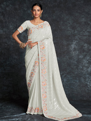 Rajwada White Embroidered Georgette Saree With Unstitched Blouse For Women