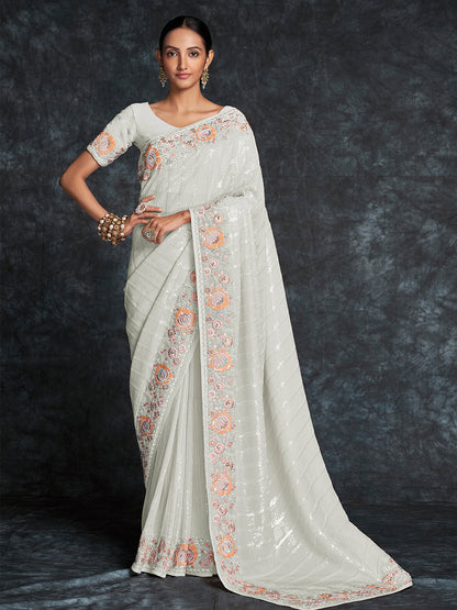 Rajwada White Embroidered Georgette Saree With Unstitched Blouse For Women