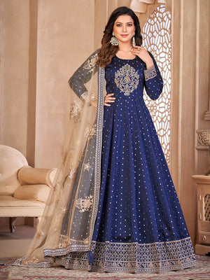 Rajwada Blue Tafeta Embroidered Semi stitched Kurta Set For Women