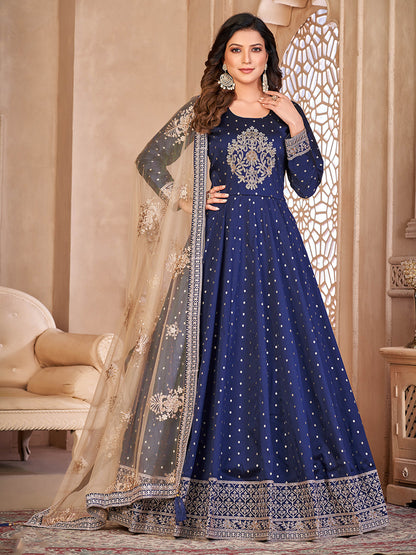 Rajwada Blue Tafeta Embroidered Semi stitched Kurta Set For Women