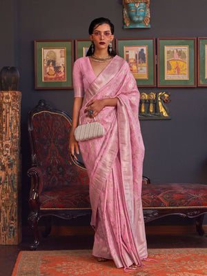 Rajwada Pink Silk Blend Woven Saree With Unstitched Blouse For Women
