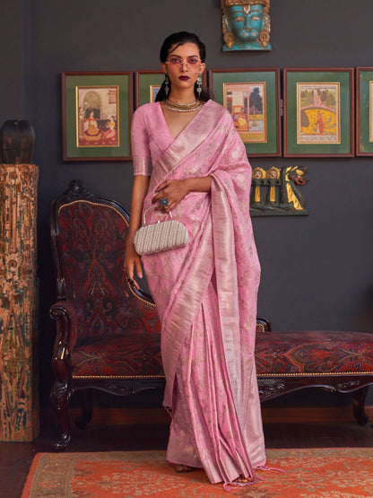 Rajwada Pink Silk Blend Woven Saree With Unstitched Blouse For Women