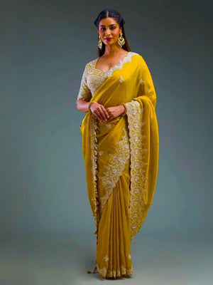 Rajwada Mustard Silk Blend Embroidered Elegant Saree For Women