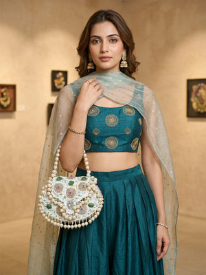 Odette Multicolor Suede Pearl And Sequence Embellished Clutch For Women
