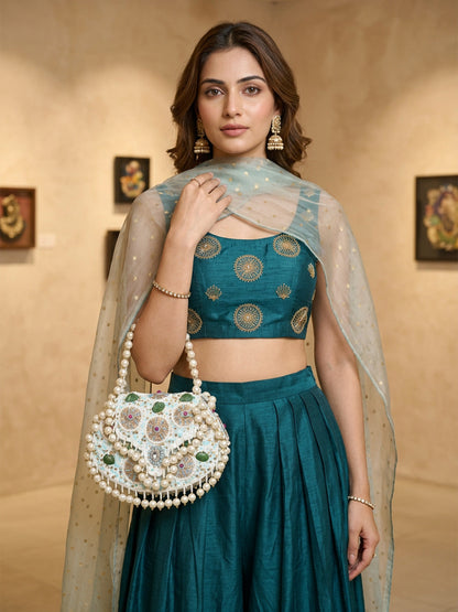Rajwada Multicolor Suede Pearl And Sequence Embellished Clutch For Women