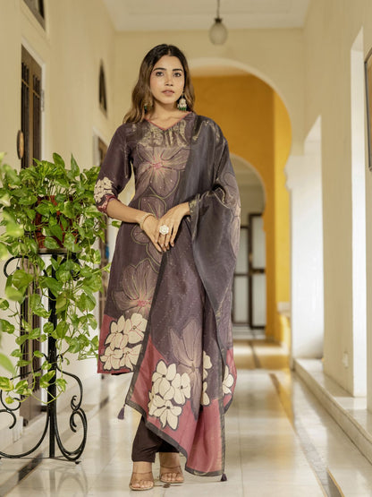 Rajwada Brown Silk Blend Printed Stitched Kurta Set For Women