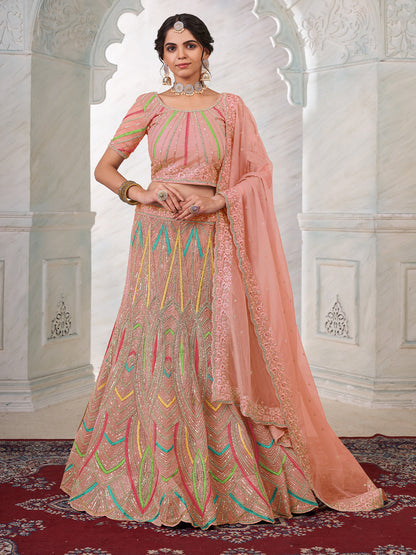 Rajwada Peach Net Embroidered Semi Stitched Lehenga With Unstitched Blouse for Women