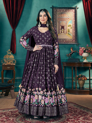 Rajwada Purple Faux Georgette Printed Gown For Women