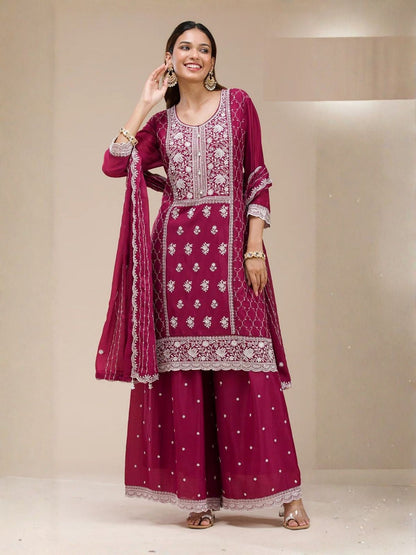 Rajwada Dark Magenta Georgette Embroidered Semi Stitched Kurta Set For Women
