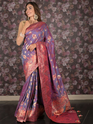 Rajwada Blue Pink Shaded Woven Silk Blend Saree with Unstitched Blouse for Women
