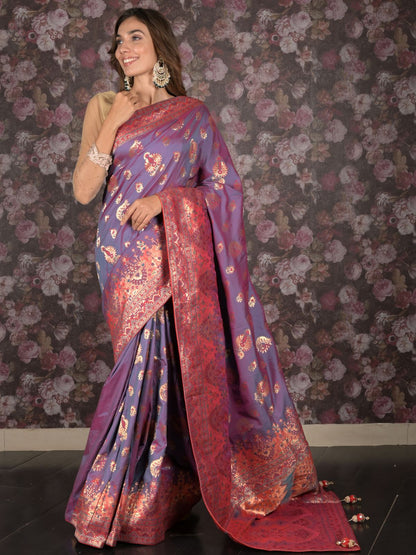 Rajwada Blue Pink Shaded Woven Silk Blend Saree with Unstitched Blouse for Women