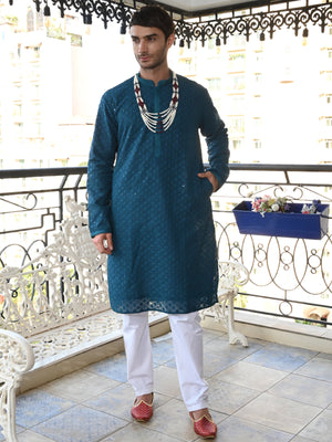 Rajwada Teal Embroidered Cotton Kurta Set For Men