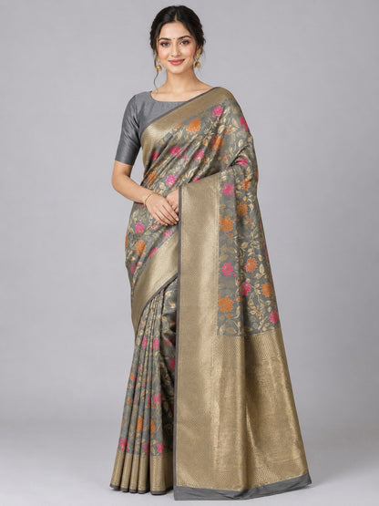Dark Grey Silk Blend Embroidered Saree